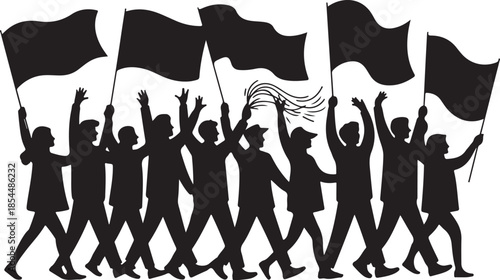 Silhouette crowd marching with black flags and streamers