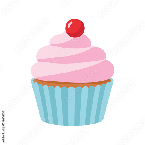A beautifully decorated cupcake with pink frosting and a cherry on top, displayed in a blue wrapper.
