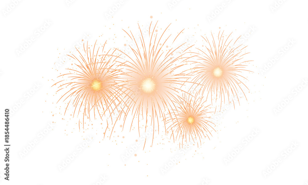 Fototapeta premium Golden glowing PNG fireworks burst across a deep black sky, sparkling trails and glowing orbs, New year, wedding, holiday celebration atmosphere with warm light and dynamic motion.