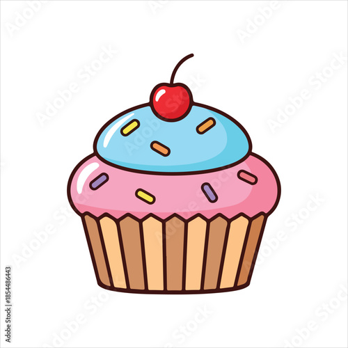 A cartoon illustration of a cupcake with blue and pink frosting and a cherry on top