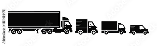 A convoy of trucks and vans driving in a line on a plain white background