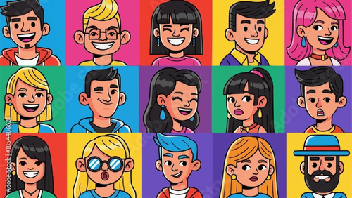 Diverse Group of Cartoon People Portraits in a Grid.