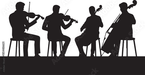 Silhouette string quartet playing instruments on stage