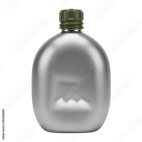 A silver flask with a green cap on a white background viewed from the front