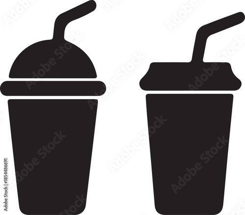 Beverage Cup Icon Set Silhouettes with Domed and Flat Lids Bent Straw Vector Illustration