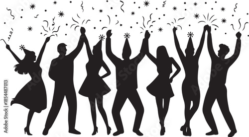 Silhouettes of people celebrating with confetti and sparklers