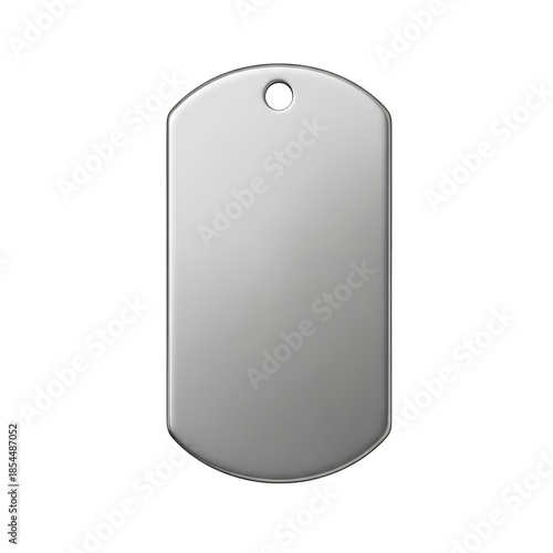 A silver dog tag is centered on a white background, viewed directly from the front.