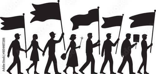 Silhouettes of people marching with flags and signs