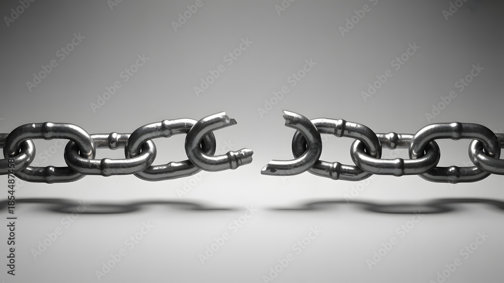Obraz premium Close-up of a broken metal chain link against a grey background, symbolizing failure or separation.