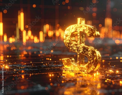 Golden dollar sign on a backdrop of abstract data and lights