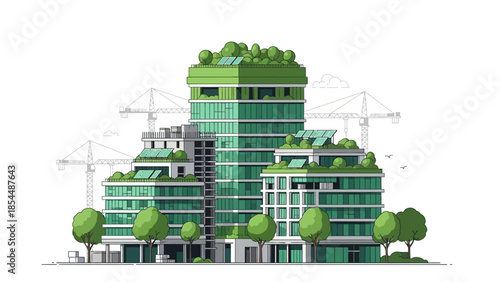 Eco-Friendly Urban Development: Modern Green Buildings with Solar Panels and Rooftop Gardens. Sustainable Architecture Illustration.