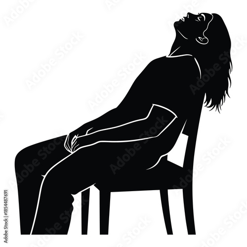 Silhouette of a woman leaning back deeply on a simple chair tilting her head upward toward the light on white background