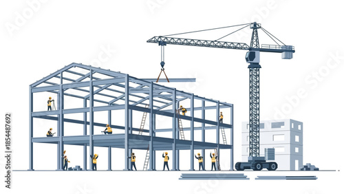 Construction Site with Workers and Crane Building Steel Frame Structure - Industrial Development & Engineering Project