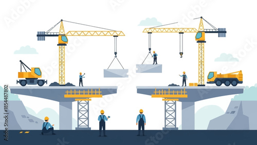 Bridge Construction Site with Workers and Cranes. Modern Infrastructure Development, Engineering, and Teamwork. Building a New Future.