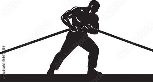  Strong Muscular Man Pulling Rope Silhouette Illustration, Demonstrating Effort and Power in a Tug-of-War Style