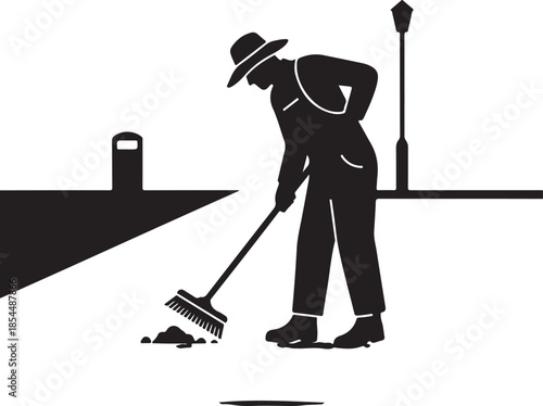 street sweeper, city cleaner, working, broom, maintaining, public hygiene, urban cleanliness, minimalist, silhouette, illustration, sanitation, worker, municipal, cleaning, public service, maintenance
