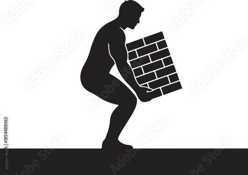 Silhouette of a man lifting a brick wall, symbolizing strength, heavy labor, construction work, and the effort required for building or overcoming challenges