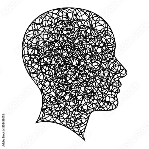 Stylized silhouette profile of a human head filled completely with tangled chaotic black lines symbolizing complex thought processes on white background