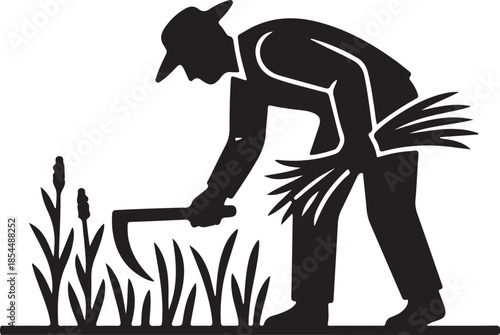 Silhouette illustration of a farmer or agricultural worker harvesting grain or crops with a sickle, depicting traditional farm work and the harvest season