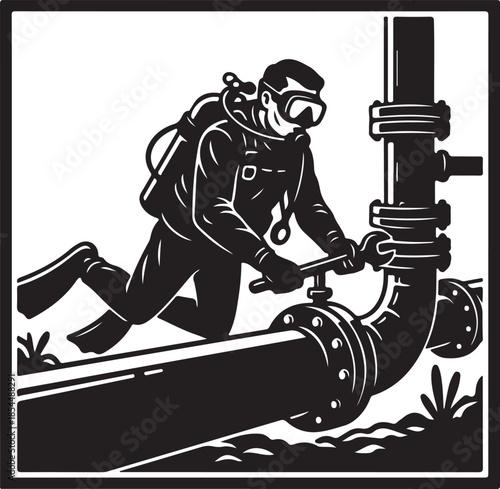 Scuba Diver Repairing Underwater Pipeline or Subsea Oil and Gas Infrastructure Maintenance.