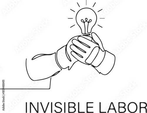 Minimalist one line art of a worker holding a shining light bulb, symbolizing invisible labor, essential ideas, and unrecognized effort