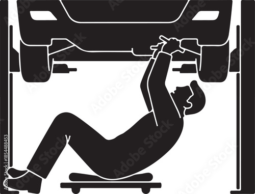 Mechanic working under car on a lift, illustrating uncomfortable labor posture during vehicle repair and auto service.