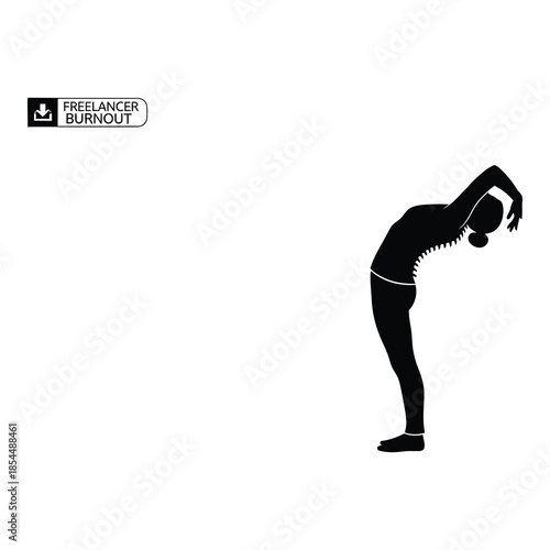 Silhouette of a person performing a deep backbend yoga pose illustrating the physical strain of freelancer burnout on white background