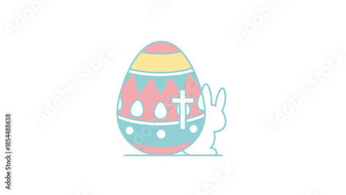 Joyful Easter Celebration Icon Featuring a Decorated Egg, Adorable Bunny, and Religious Cross, Perfect for Holiday Themes