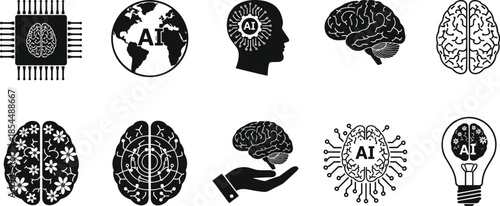 PrintArtificial intelligence icon set featuring digital brain designs, neural networks, machine learning circuits, global AI technology, and human mind innovation symbols.