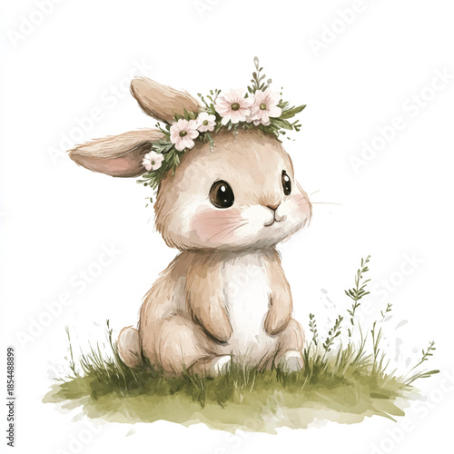 Watercolor Bunny with Flower Crown A Charming Easter Illustration.