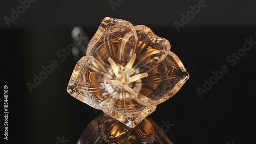 Warm glowing translucent glass flower sculpture with reflections on dark background for abstract elegance concept and luxury design