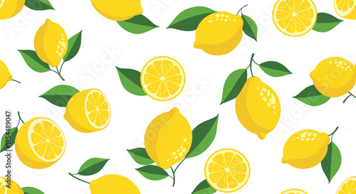 Seamless pattern of fresh yellow lemons, whole and sliced, with green leaves scattered on a clean and bright white background.