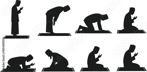 Islamic prayer posture silhouettes showing full Salah sequence on mat with traditional attire, ideal for religious vector content.