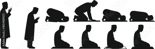 Islamic prayer posture silhouettes showing full Salah sequence for Muslim worship, ideal for religious vector content and spiritual themes.