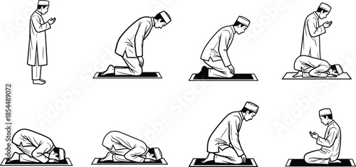 Muslim man performing complete Salah prayer sequence in traditional attire on mat, ideal for Islamic religious vector illustration content.