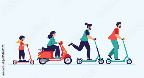 Happy family, including a child, mother, and two fathers, riding different types of scooters together, showcasing modern family transportation.