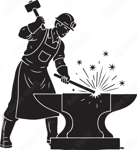 Blacksmith Forging Metal on Anvil with Hammer and Sparks, a Symbol of Traditional Craftsmanship and Hard Work