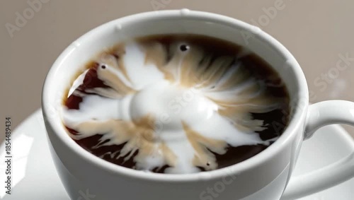 Milk pouring into a white cup of black coffee, splashing and mixing in slow motion for morning beverage concept and daily refreshment