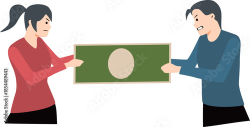 Man and Woman Fighting Over Money Illustration / Ilustración de Hombre y Mujer Discutiendo por Dinero / Ilustração de Homem e Mulher Brigando por Dinheiro