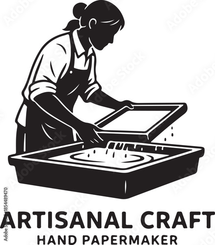 Artisanal Craft Hand Papermaker Silhouette Woman Making Handmade Paper in Traditional Way with Pulp and Mold, Reflecting Vintage and Traditional Paper Production