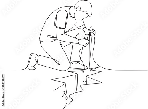 Abstract illustration A man kneels, mending a crack with a tool, representing diligent effort and responsibility in fixing problems or overcoming adversity