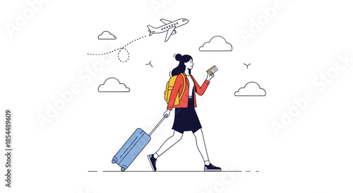 Young woman with a backpack and rolling suitcase walks to her flight, looking at her ticket, with a plane flying in the sky.