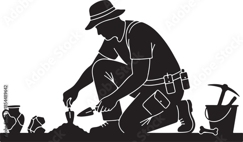 Archaeologist or Explorer Excavating Ancient Artifacts, Unearthing History and Relics at a Dig Site