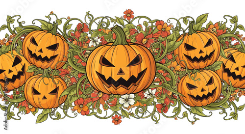Spooky and ornate Halloween border design featuring carved jack-o'-lantern pumpkins nestled in a tangle of vines and autumn flowers.