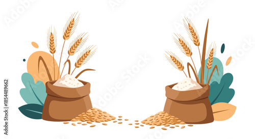 Symmetrical composition with two burlap sacks of flour and piles of grain, decorated with golden ears of wheat and abstract leaves.