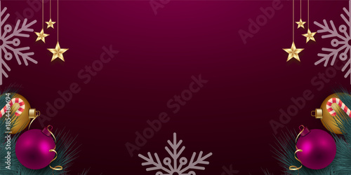 burgundy red holiday border with pine branches on dark background