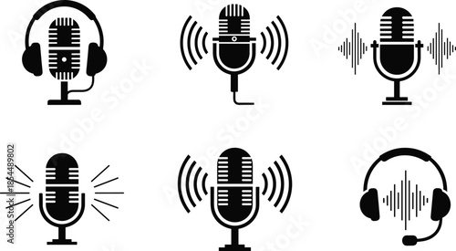 PrintVector podcast icon set featuring vintage microphones with headphones and sound waves for radio broadcasting recording studio and audio streaming symbols