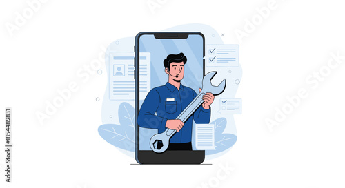 Online technical support concept with a friendly service agent holding a wrench, appearing on a smartphone screen with checklists in the background.