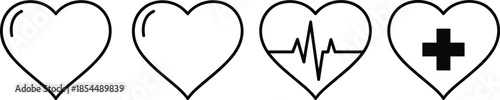 PrintVector set of heart icons including simple outlines heart with heartbeat pulse line and medical cross for health and wellness