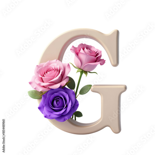 Golden letter G adorned with pink and purple roses